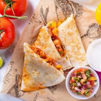 Quesadilla · Flour tortilla filled with cheese and your choice of protein. Comes with two sauces for dipp...