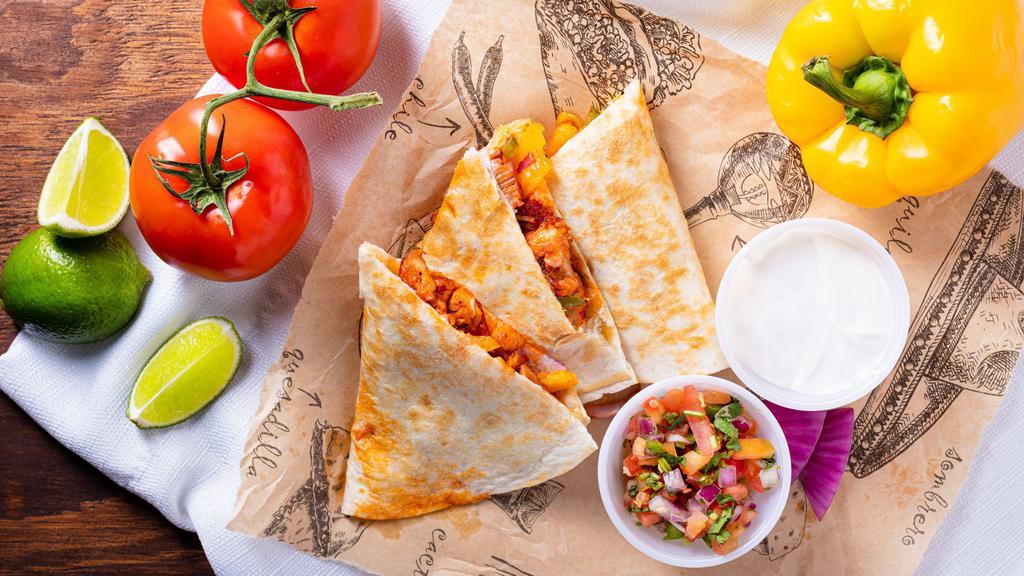 Quesadilla · Flour tortilla filled with cheese and your choice of protein. Comes with two sauces for dipping.
