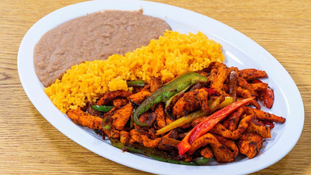 Fajitas Pollo, Res, Mixtas · Grilled chicken, steak or mix of both, bell peppers, onions served with rice and beans, tortillas.