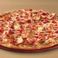 Chicken Bacon Ranch Pizza · Ranch dressing, provolone, seasoned all-natural chicken, red onions, bacon and roma tomatoes.
