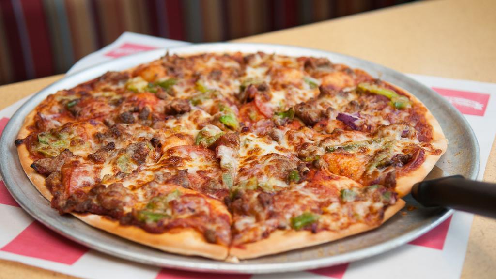 Original Deluxe Pizza · It's back! Remember this from the old days? Our family recipe pizza sauce and provolone, topped with pepperoni, sausage, green peppers, red onions and ground beef.