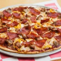Buddy Deluxe Pizza · Family recipe pizza sauce and provolone, topped with pepperoni, sausage, spicy sausage, bana...