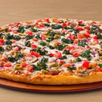 Veggie Deluxe Pizza · Family recipe pizza sauce and provolone, topped with mushrooms, green olives, red onions, sp...