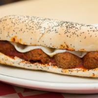 Baked Meatball Hoagy · Family recipe meatballs and pasta sauce with provolone.