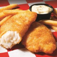 Two Piece Fish Dinner · Two, 3oz. hand-battered cod fillets, served with a side of tarter sauce and crunchy French f...