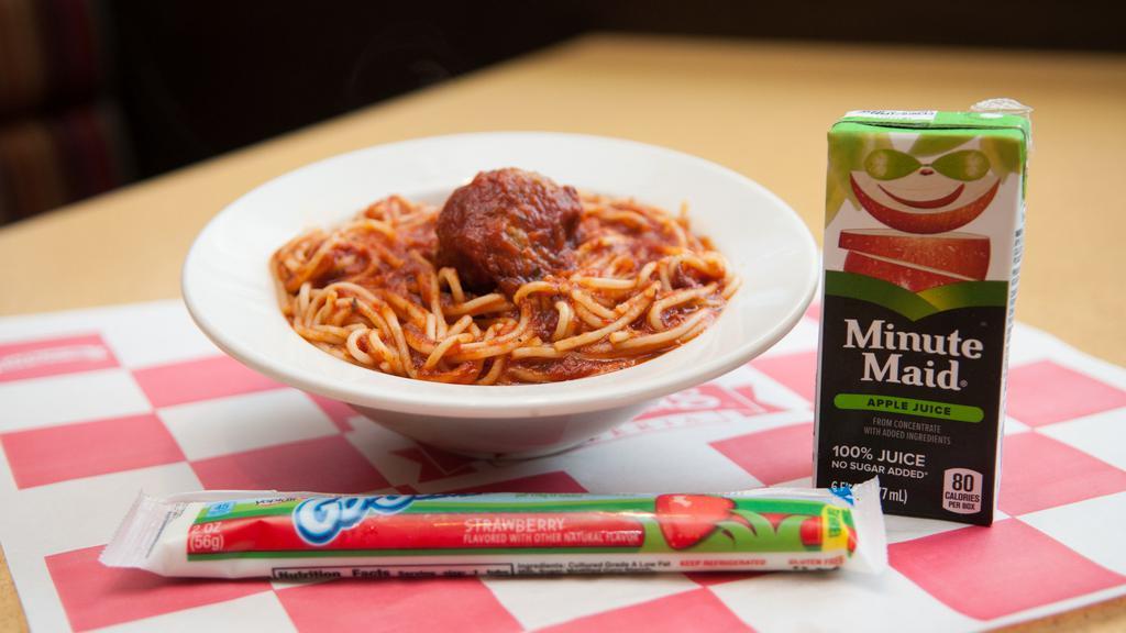 Kid'S Spaghetti & Meatball · Spaghetti with one meatball and family recipe pasta sauce, Alfredo sauce or butter.