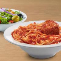 Small Spaghetti With Meatball And Small Garden Salad · Freshly cooked pasta topped with Family Recipe Meatball and Pasta Sauce. Served with a garli...