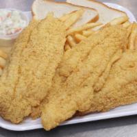 Small 2Pc  Catfish Fillet · Served with fries, coleslaw, and bread.