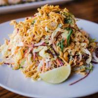 Miso Sesame Chicken Salad · Sliced chicken, shaved red and napa cabbage, green and red onions, cashews, with red curry p...