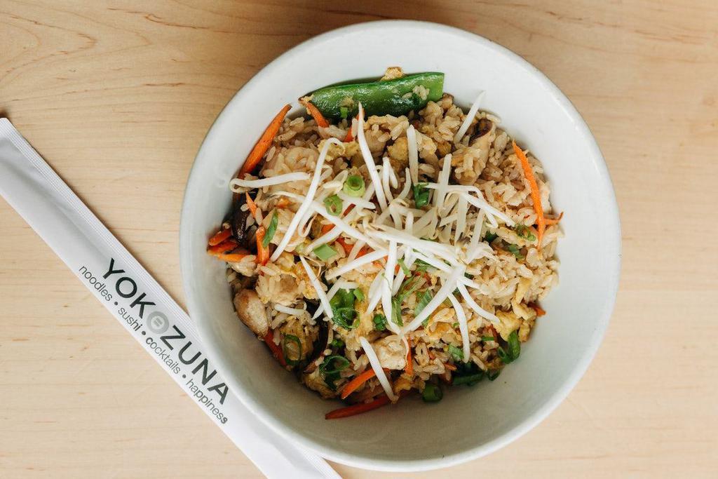 Sumo Fried Rice · Chicken, shrimp, egg, snow peas, carrots, shiitakes, green onions and sprouts