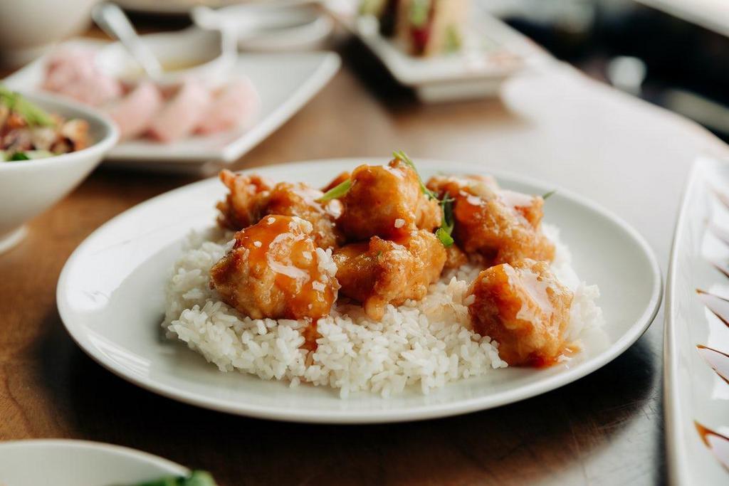Sweet & Sour Chicken · Tempura battered chicken and green onions. Choice of steamed or fried rice.