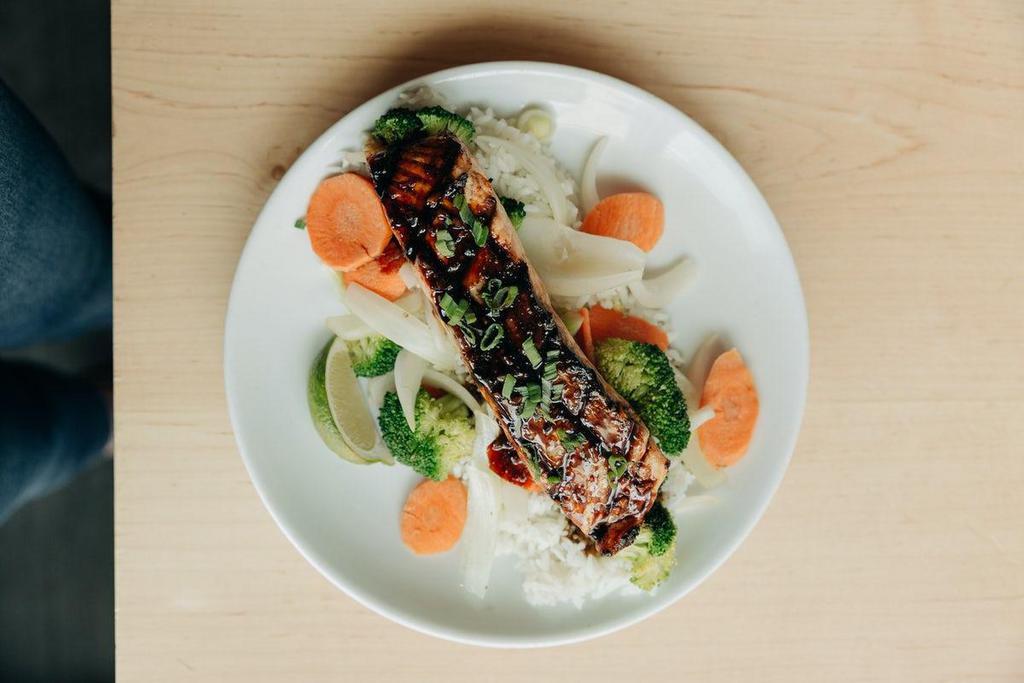 Grilled Salmon · Sweet soy reduction, steamed rice, seasonal vegetables.