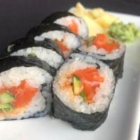 *Spicy Salmon Roll · With cucumber, scallions, spicy mayo and shichimi pepper.
