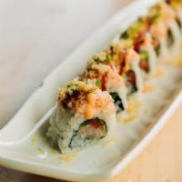 *The Flaming Lips · Yellowtail, jalapeño, avocado, red bell pepper topped with snow crab, tempura crunchies, swe...