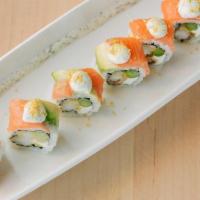Dilly Roll · Cream cheese, tempura shrimp and asparagus, topped with salmon, avocado, lemon zest and lemo...