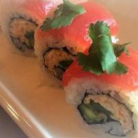 Samurai Roll · Hot Mess mix, jalapeno, tempura-fried asparagus, topped with ahi, yellowtail, cilantro & chi...