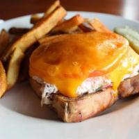 Tuna Melt · Fresh tuna salad served open-faced on marble rye bread with melted aged Cheddar cheese & gri...