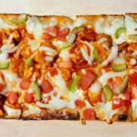 Buffalo Flatbread · Buffalo chicken topped with mozzarella, blue cheese dressing, celery and tomatoes.