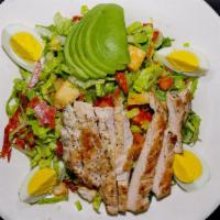 Chopped Cobb Salad · grilled chicken, avocado,
tomato, pepperoni, red onion,
hard boiled egg, pasta, romaine,
cro...