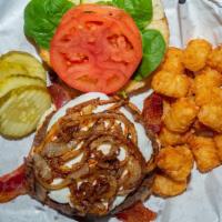 Bacon Goat Cheese Burger · goat cheese, caramelized
onions, bacon, fresh spinach,
mayo & tomato