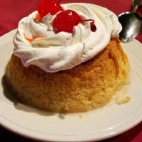 Tres Leche · Three milk cake. Fluffy sponge cake soaked in our three milk and cognac mix topped with whip...