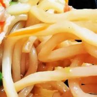 Udon · Stir-fried rounded wheat flour noodle with carrot, mushroom, asparagus, Bok-choy and meat of...