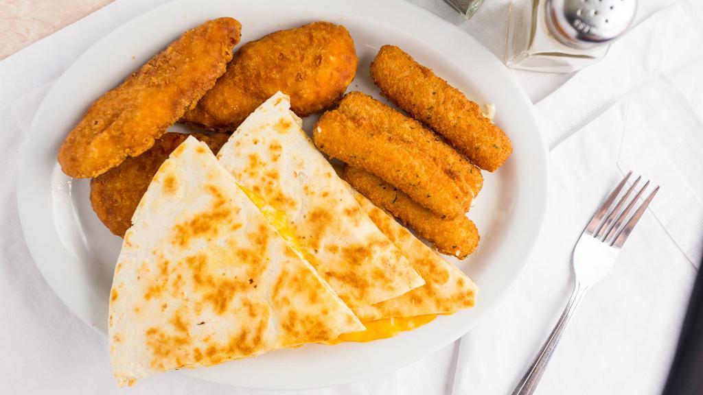 Appetizer Sampler · Mozzarella sticks, chicken tenders, cheese quesadillas.