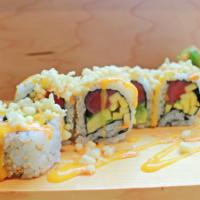 Toshi Roll · Yellowfin Tuna with Avocado and fresh Mango, topped with Tempura Crunch, Spicy Mayonnaise an...