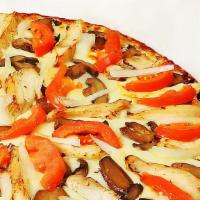 Chicken Alfredo Pizza · Seasoned chicken, alfredo sauce, onions, mushrooms, mozzarella and tomatoes.