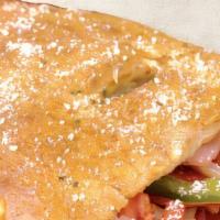 Pizza Calzone · Pepperoni, onions, mushrooms, green peppers and mozzarella cheese. Oven-baked fold-over topp...