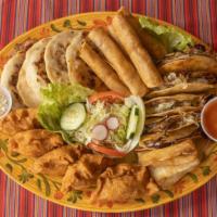 Combo Delicias · Serves three (3) or four (4) people. Five (5) shredded beef dobladas, five (5) pupusas with ...
