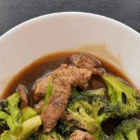 Beef Broccoli · Stir-fried beef and broccoli in a homemade sauce served with jasmine rice