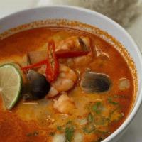 Tom Yum Soup · This fragrant soup includes lemongrass, garlic, soybean and soybean oil, galanga, Thai chili...