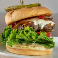 Philly Cheese Boss Burger · Toasted bulkie roll. Leaf lettuce. Tomato, caramelized onions, peppers, boss sauce, American...