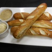 Baked Pretzel Twists · Horseradish cheese spread, whole grain honey mustard.