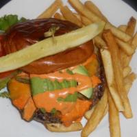 Firestarter Burger · Roasted jalapeno, sriracha mayo, cheddar, avocado, brioche bun.