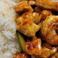 Chicken & Shrimp · Hibachi chicken & shrimp, fried rice, zucchini, onion, broccoli, yum-yum sauce and ginger sa...