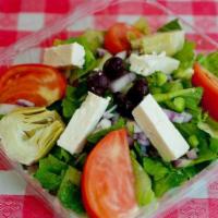 Papa Ray'S House Salad · Romaine lettuce with artichoke hearts, green peppers, kalamata olives, tomatoes, onions and ...