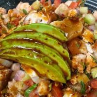 Ceviche Mixto · Fresh tilapia and shrimp marinated in lime juice, octopus, and cayo de hacha (Mexican scallo...
