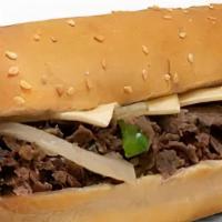 Philly Cheesesteak (Large) · Steak, melted cheese, green peppers, onions (specify unwanted toppings in special requests).