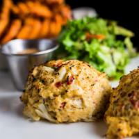 Seared Maryland Crab Cake · Remoulade & spring greens (Crab Cake and sweet potato waffle fries for an additional charge).