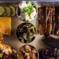 Southern Smoked B.B.Q. Sampler · You choose three from the five meats. Either Beef Brisket, Carolina Pulled Pork, B.B.Q. Ribs...