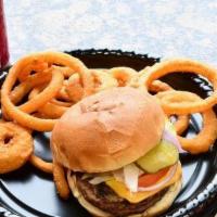 Cheeseburger With Fries · 1/3 lb fresh beef patty topped with lettuce, tomato, pickles, red onions, cheese, mustard, k...