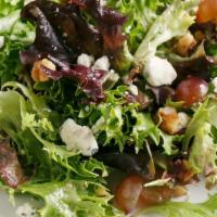 Candied Walnut & Grape Salad (Side) · Field Greens, Candied Walnuts, Red Grapes, Gorgonzola, Citrus Basil Vinaigrette