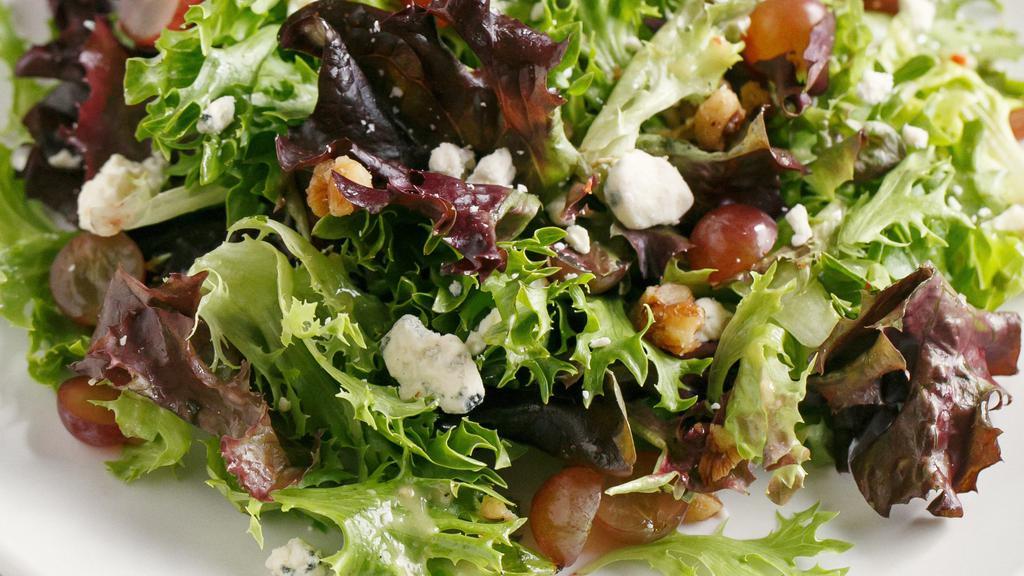 Candied Walnut & Grape Salad (Side) · Field Greens, Candied Walnuts, Red Grapes, Gorgonzola, Citrus Basil Vinaigrette