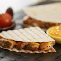 Chorizo Quesadilla Combo · Greek bread with a five blend cheese mix, home-made beef Chorizo, and pickled red onions. Se...