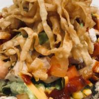 Southwest Salad · Romaine lettuce, grilled chicken breast, corn salsa, tomatoes, shredded cheddar cheese, blac...