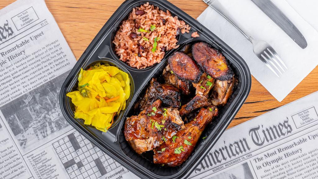 Bone-In Jerk Chicken · Chicken legs quarters seasoned with Jamaican herbs and spices smoke grilled to perfection.