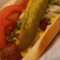 Jumbo Dog · Served with mustard, relish, onions, tomatoes, and pickles.