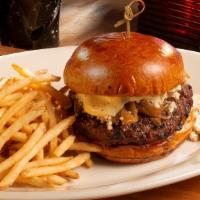 Steakhouse Burger · Half pound dry aged Angus beef patty, melted blue cheese, peppercorn mayo, caramelized onion...